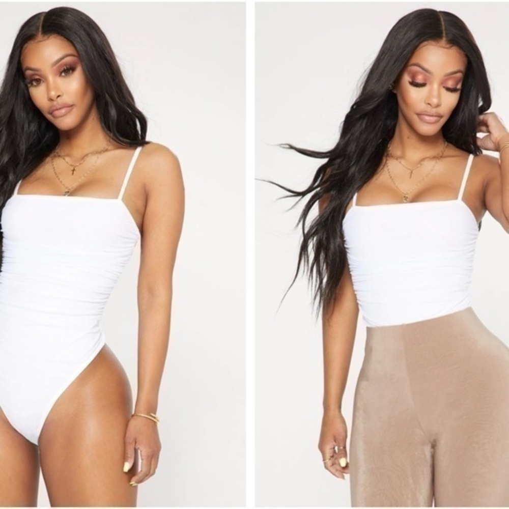 pretty little thing white Mesh Ruched Detail Thong bodysuit size 6